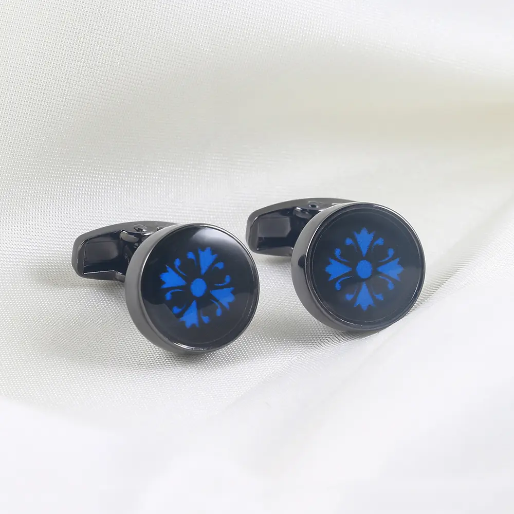 ODM Black & Blue Flower Pattern Cufflinks Men Business Suit Cuffs Accessories Exporter, Company