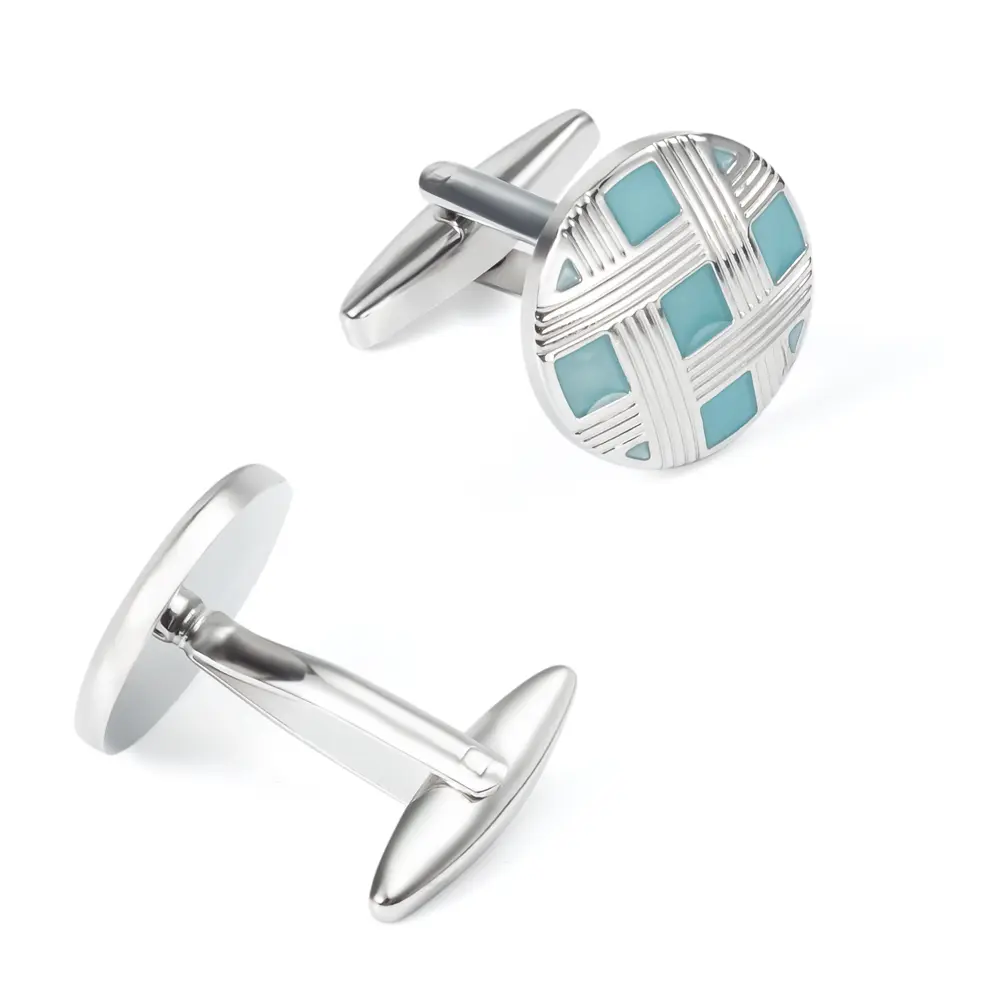 OEM Factory Round Silver & Blue Enamel Lattice Cufflinks Supply OEM Custom Design CC0261 Suppliers, Exporter