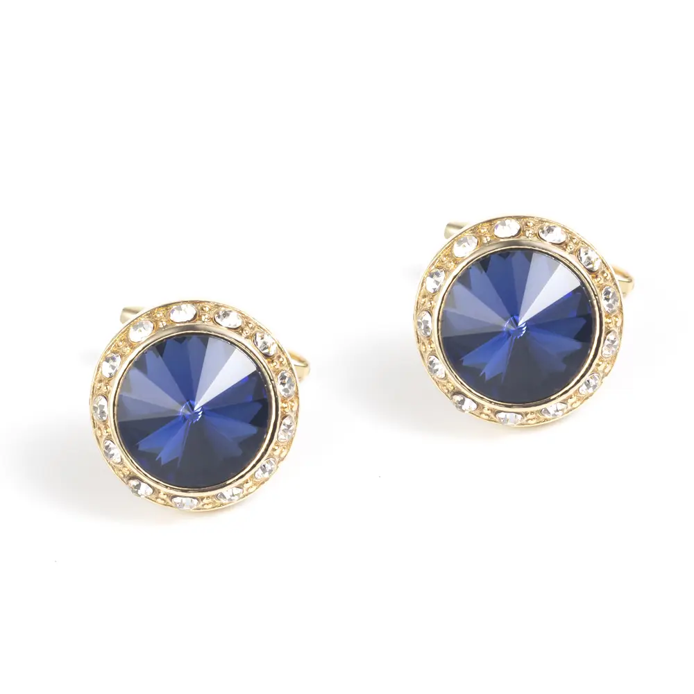 Custom Fashion Round Shaped Blue Golden Custom Stone Gold Plated Cufflinks For Men Shirt CS0077-GL Factories, Exporter