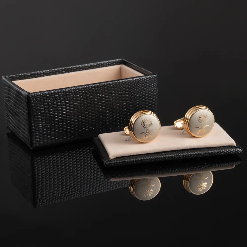 ODM JINJIE New Arabia Golden Palm Tree Pattern Design Round Gold Plated Metal Cuff Links CLW6001-G Factories, Company