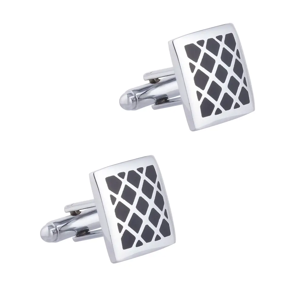 OEM JINJIE Cheap Men Silver Plated Gridding Black Enamel Cuff links Bussiness Wholesale CC-Q023-1 Factory, Exporters