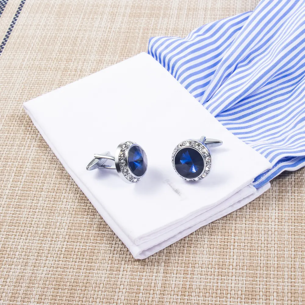 Wholesale Fashion Round Blue Custom Stone Silver Plated Cufflinks For Men Shirt CS0077-BS