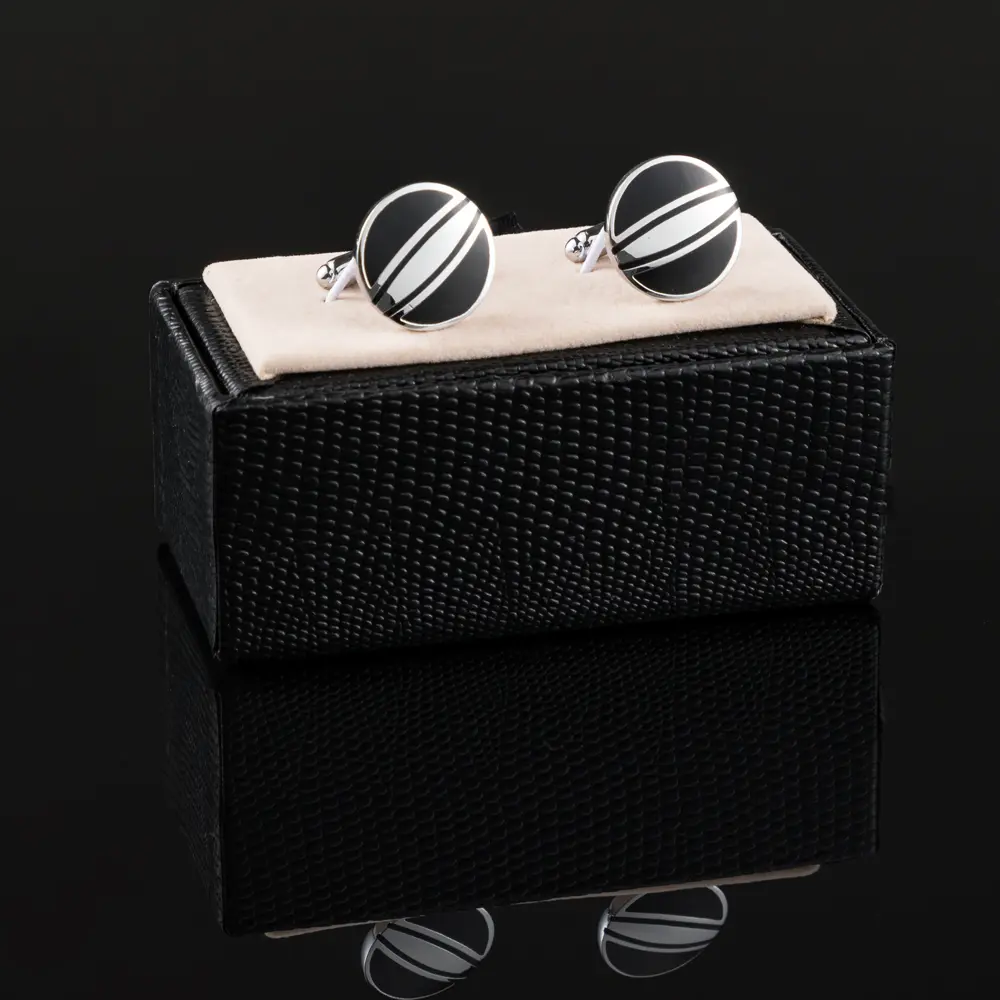 OEM Factory Sales Silver Plated Black Striped Round Enamel Cufflinks Gentleman Accessories CC-Q125