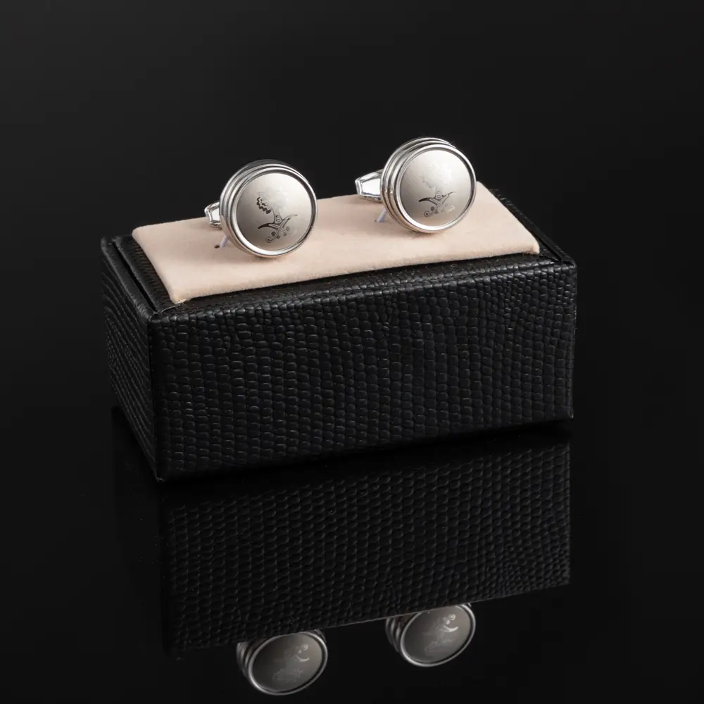 ODM JINJIE Wholesale Arabia Popular Palm Tree Pattern Design Round Silver Plated Metal Cuff Links CLW6001-S Suppliers, Exporter