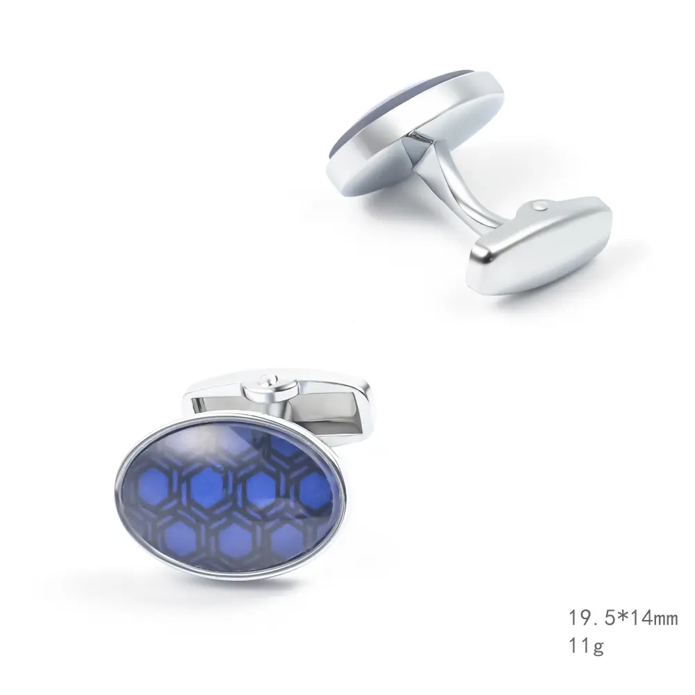 Custom Men Classic Casual oval Blue Pattern Accessories Formal Dress Shirt Cufflinks Supplier, Exporters