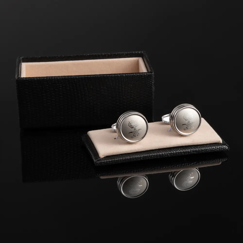 ODM JINJIE Wholesale Arabia Popular Palm Tree Pattern Design Round Silver Plated Metal Cuff Links CLW6001-S Suppliers, Exporter