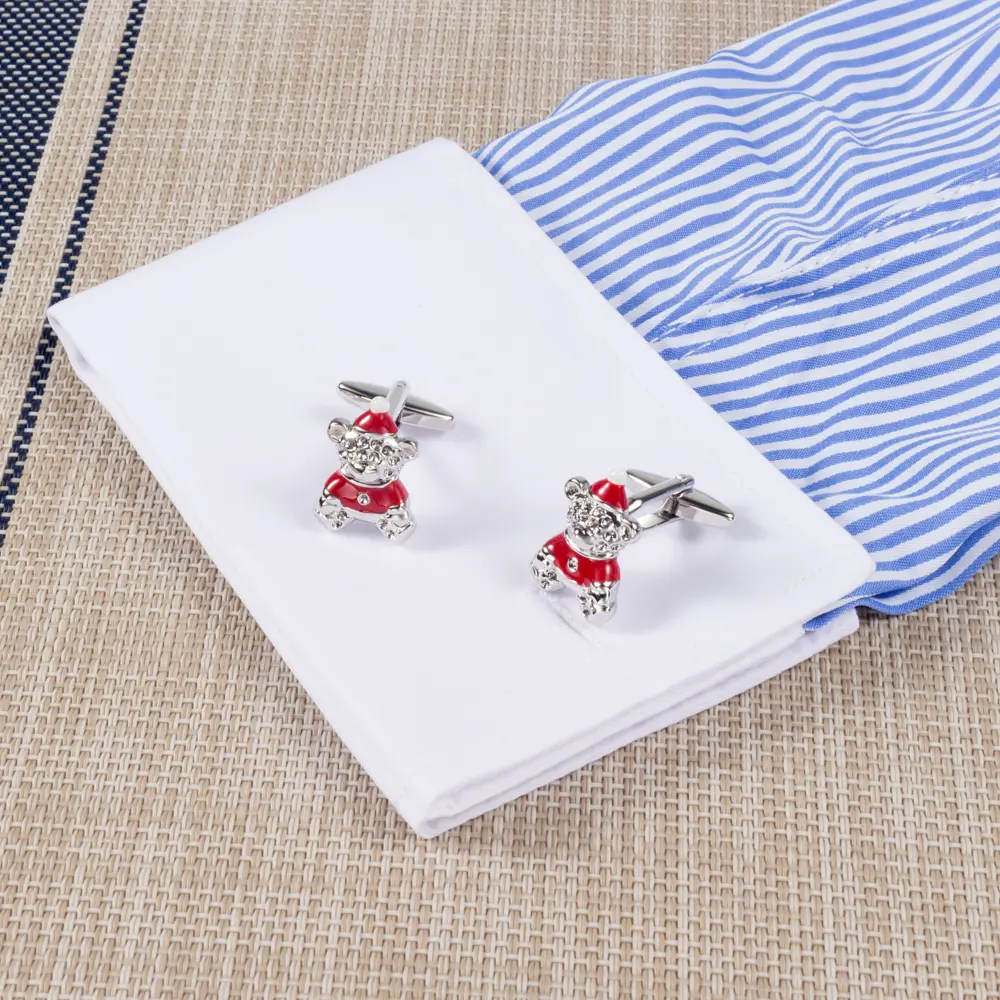 Custom Factory High Quality Cute Red & Silver Color Teddy Bear Design Cufflinks for Men Gifts CC0190 Suppliers, Company