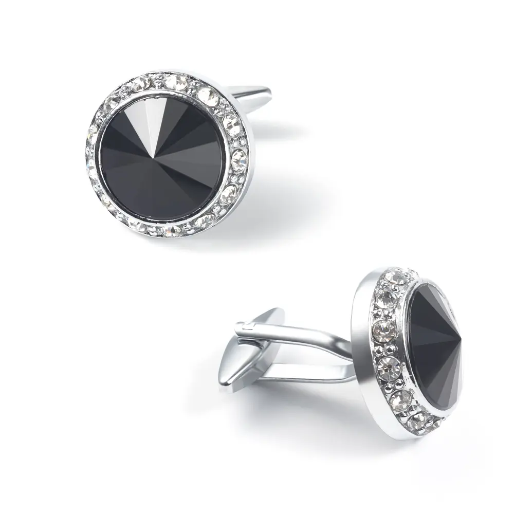 Wholesale Fashion Round Black Custom Stone Silver Plated Cufflinks For Men Shirt CS0077-SB Factory, Exporter