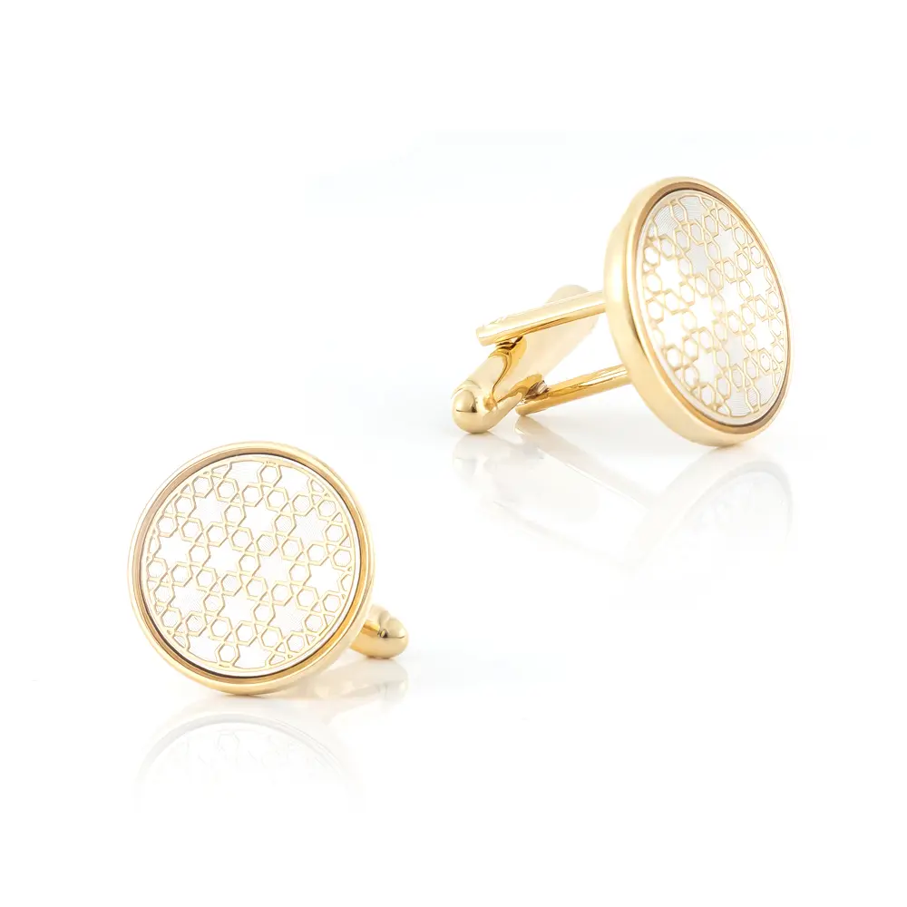 Custom High End Golden Plated White Pattern Round Copper Cufflinks Men's Accssories CA9002 Manufacturers, Exporters