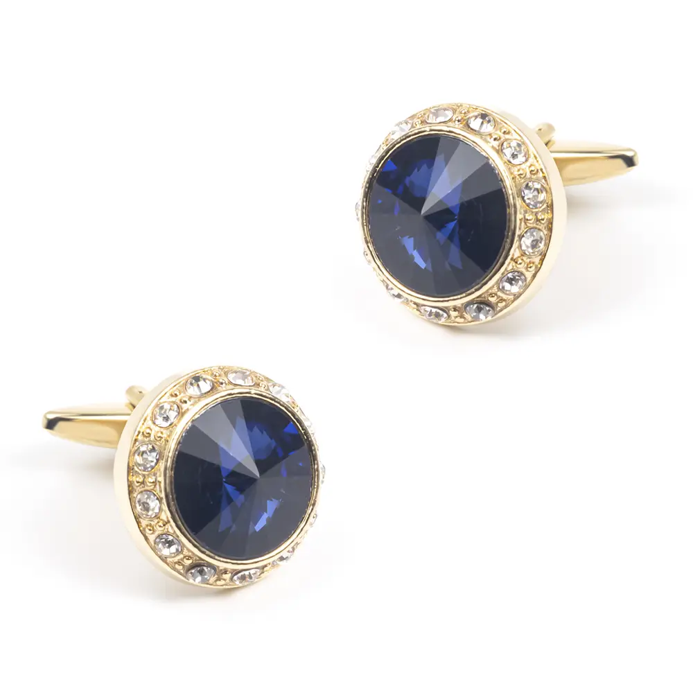 Custom Fashion Round Shaped Blue Golden Custom Stone Gold Plated Cufflinks For Men Shirt CS0077-GL Factories, Exporter