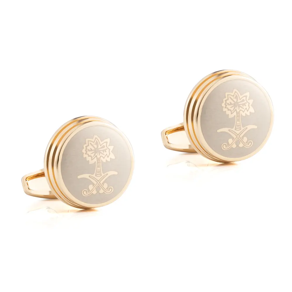 ODM JINJIE New Arabia Golden Palm Tree Pattern Design Round Gold Plated Metal Cuff Links CLW6001-G Factories, Company