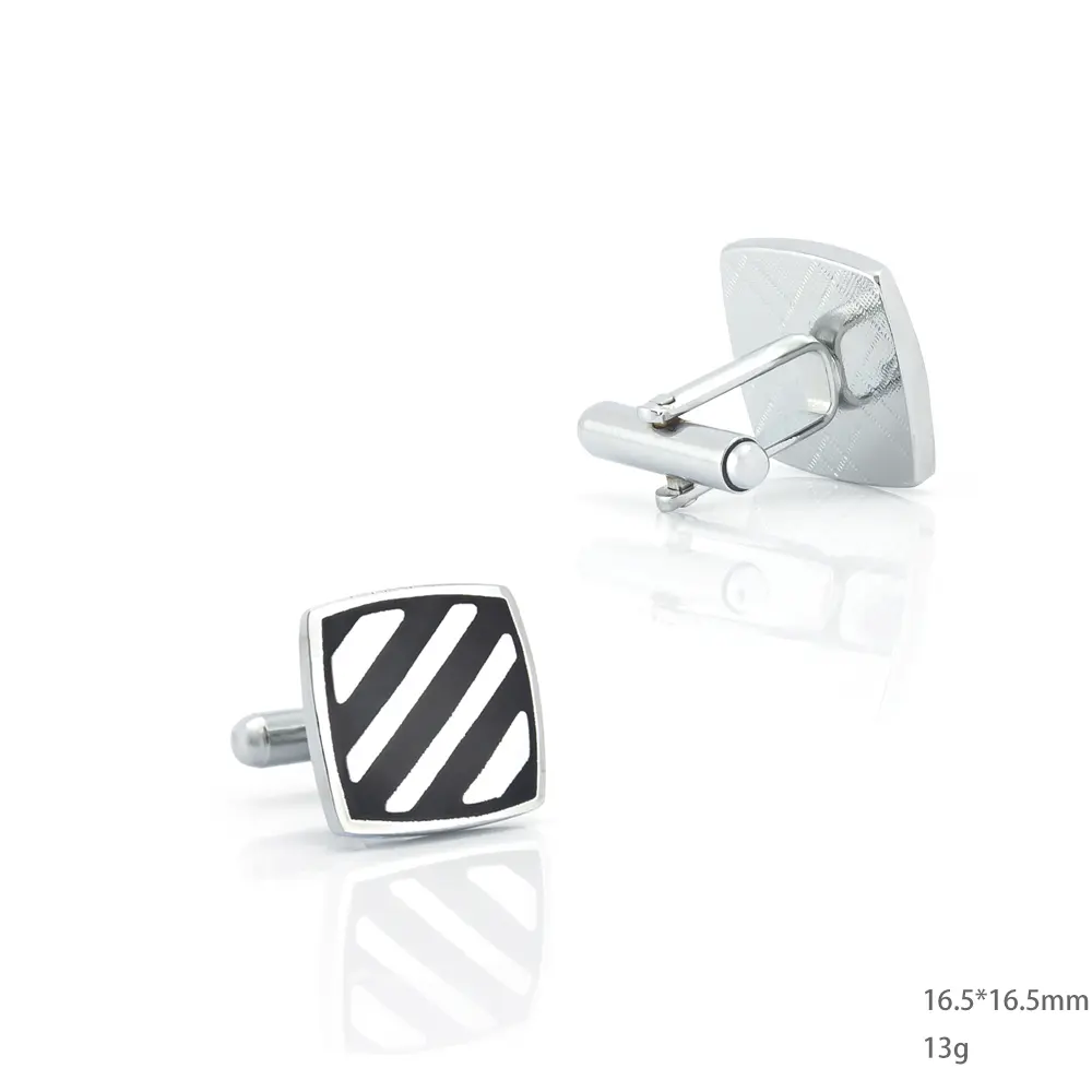 ODM Cufflinks Factory Low Price Black & Silver Striped Twill Drop Oil Square Cufflinks CC-Q079 Factory, Factories
