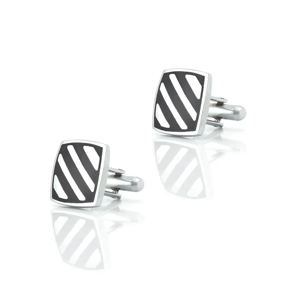 ODM Cufflinks Factory Low Price Black & Silver Striped Twill Drop Oil Square Cufflinks CC-Q079 Factory, Factories