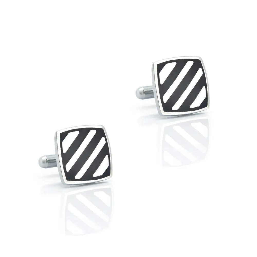 ODM Cufflinks Factory Low Price Black & Silver Striped Twill Drop Oil Square Cufflinks CC-Q079 Factory, Factories