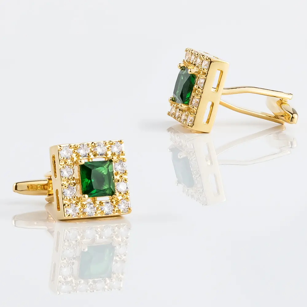 OEM New High Quality Luxury Gold Plated Square Emerald & Diamond Cufflinks For Men Suits CS8372-G3 Factory, Company