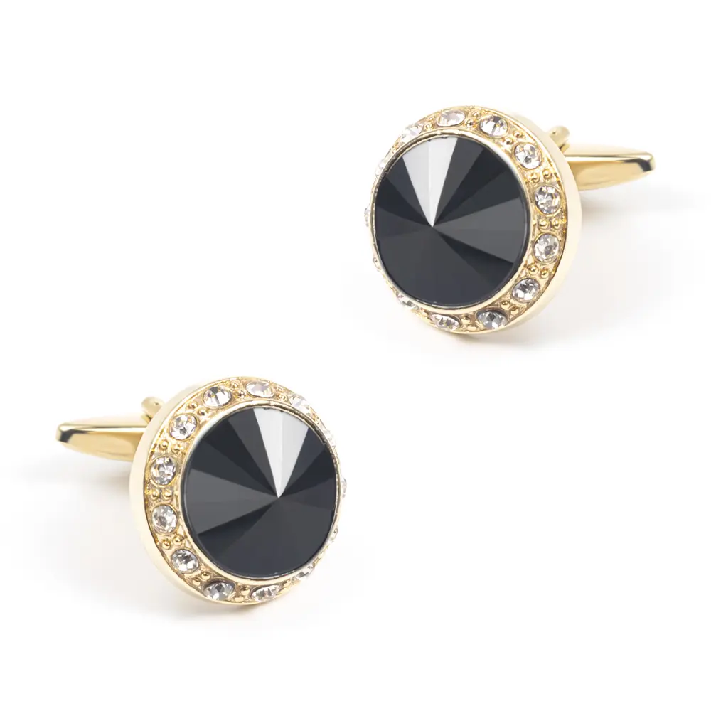 Custom Fashion Round Shaped Black Golden Custom Stone Gold Plated Cufflinks For Men Shirt CS0077-GB Factories, Company