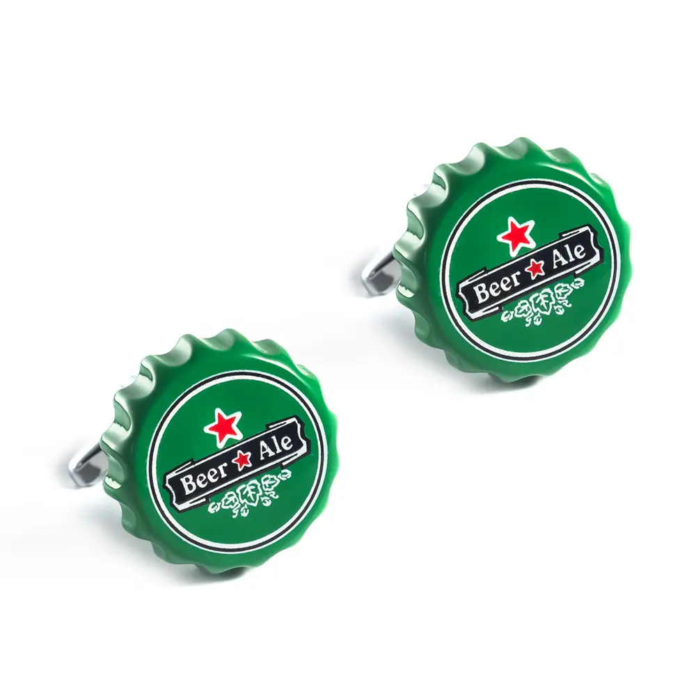 Wholesale Factory Design Funny Novelty Copper Men Jewelry Green Color Beer Cap Cufflinks for Men CC0323 Supplier, Exporter