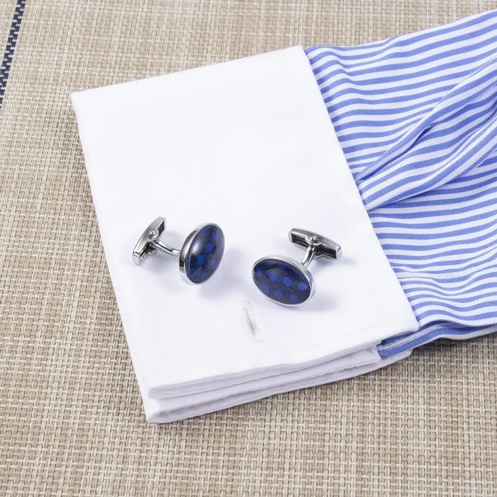 Custom Men Classic Casual oval Blue Pattern Accessories Formal Dress Shirt Cufflinks Supplier, Exporters