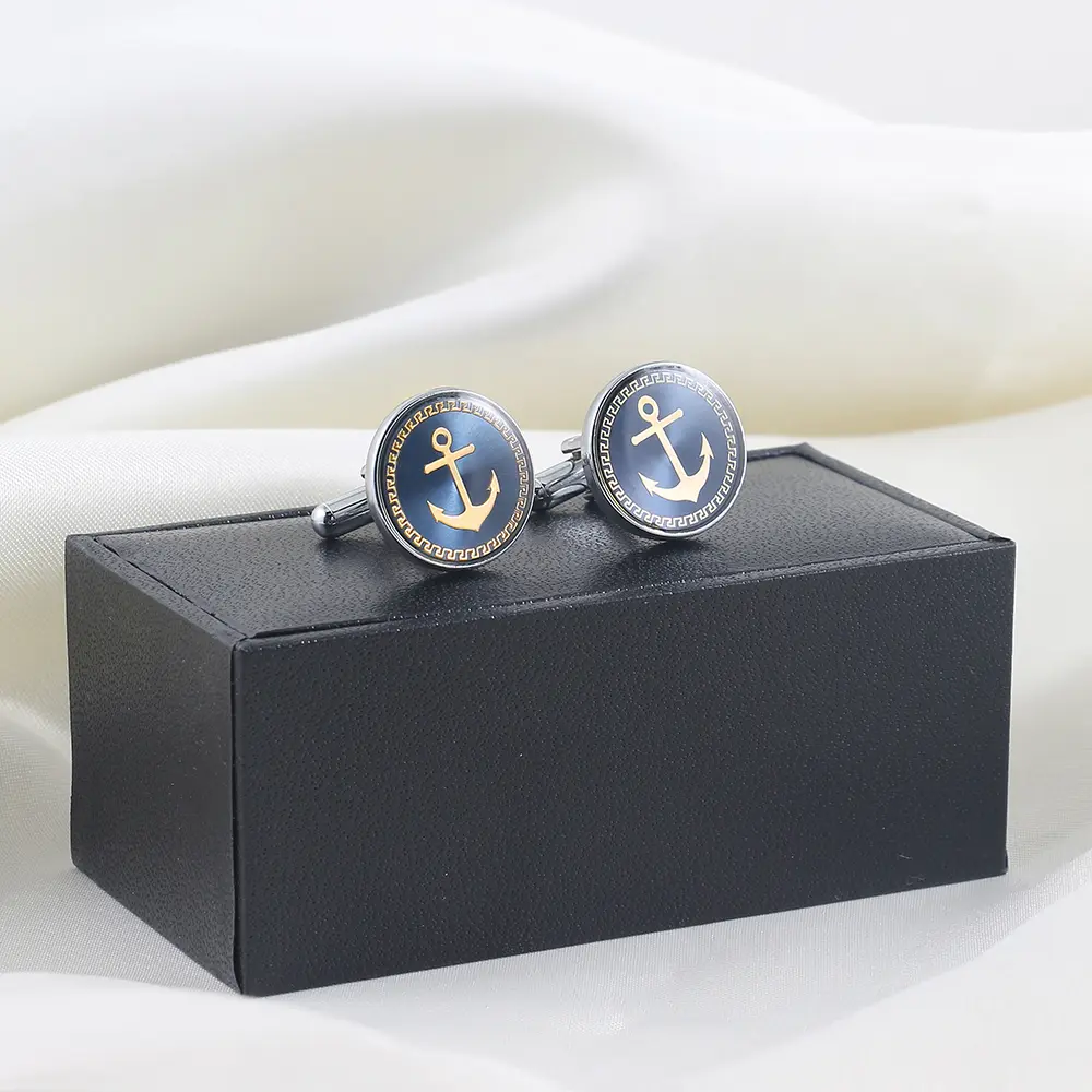 ODM French Silver Blue Round Enamel Boat Anchor Mens Cufflinks Wholesale Manufacturers, Companies