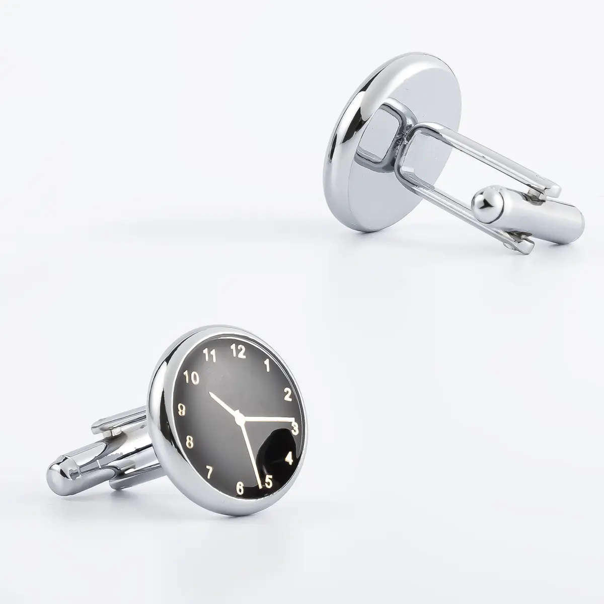 OEM Silver Plated Round Black Watch Clock Design Cuff links Wholesale Factory, Factories