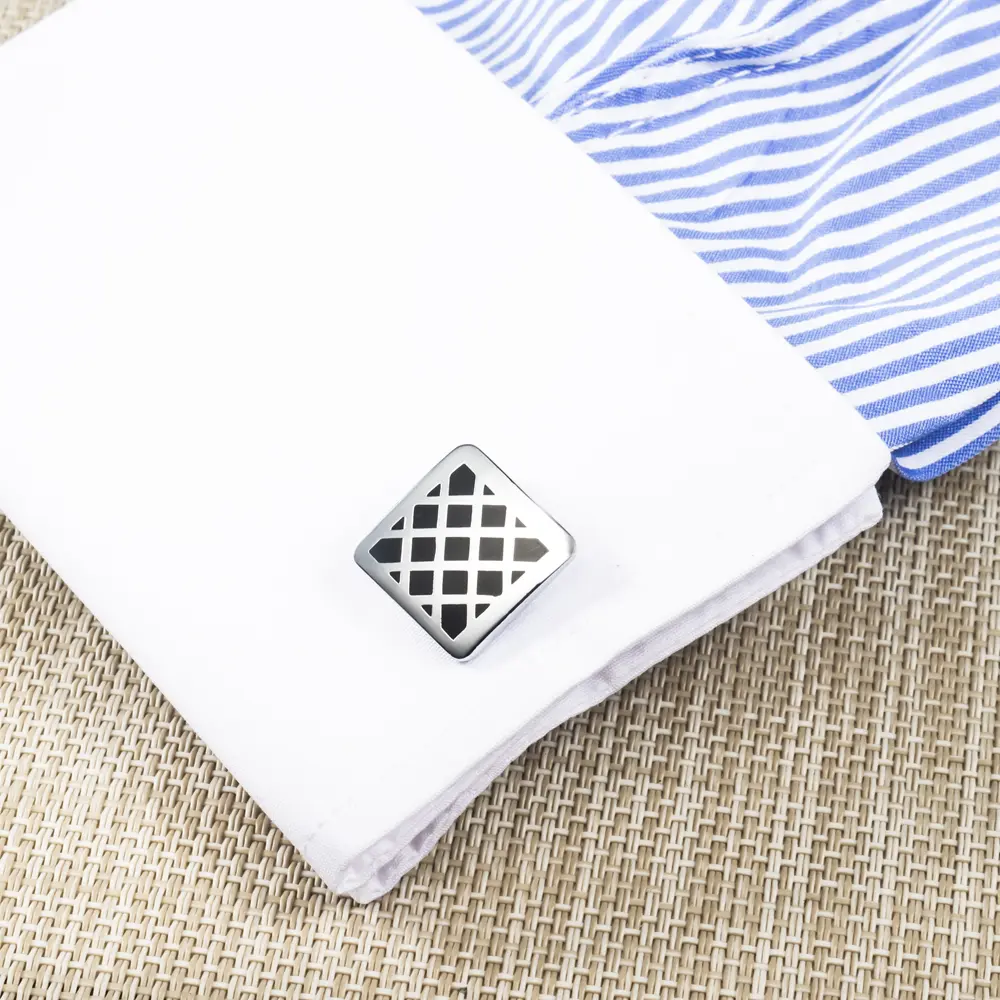 OEM JINJIE Cheap Men Silver Plated Gridding Black Enamel Cuff links Bussiness Wholesale CC-Q023-1 Factory, Exporters
