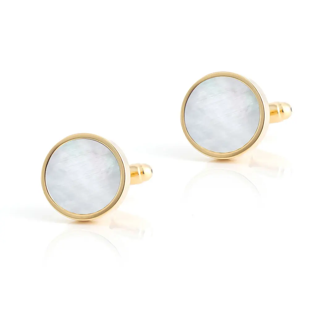 OEM 18k Gold Plated White Mother of Pearl Cufflinks  for Men Shirt Round Shape Exporters, Company