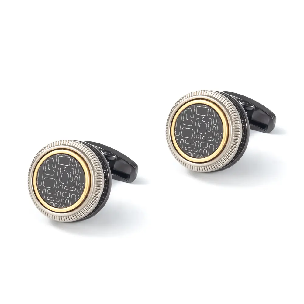 OEM Men's Premium Round Black Gold Color Cufflinks with Vintage Pattern Design Exporters, Companies