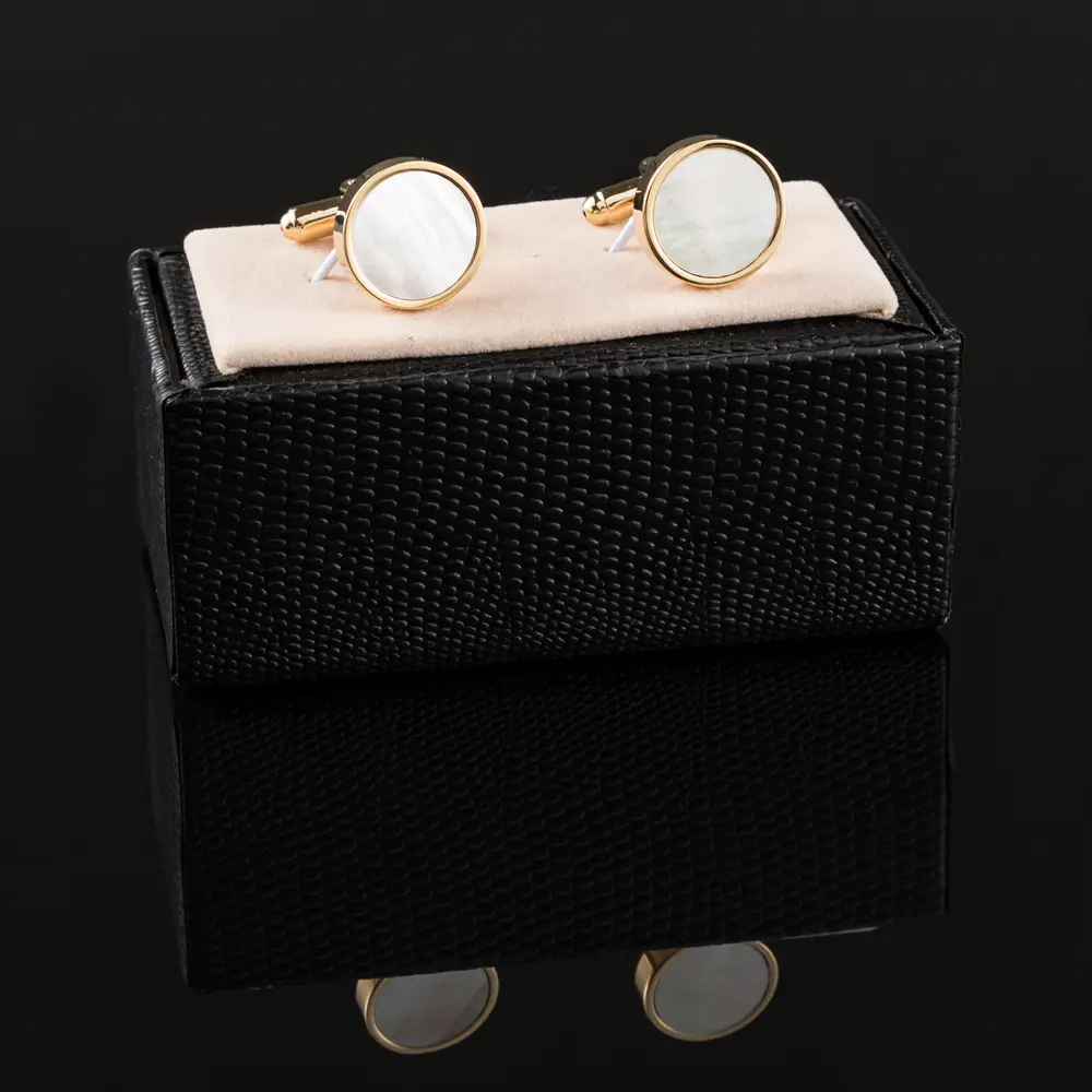 OEM 18k Gold Plated White Mother of Pearl Cufflinks  for Men Shirt Round Shape Exporters, Company