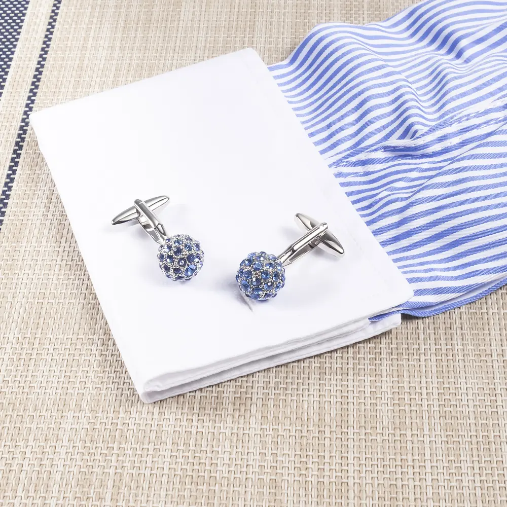 OEM Luxury Crystal  Ball Cufflinks Wholesale Silver Plated Brass Cufflinks With Blue Rhinestone CS0013-S Exporter, Company