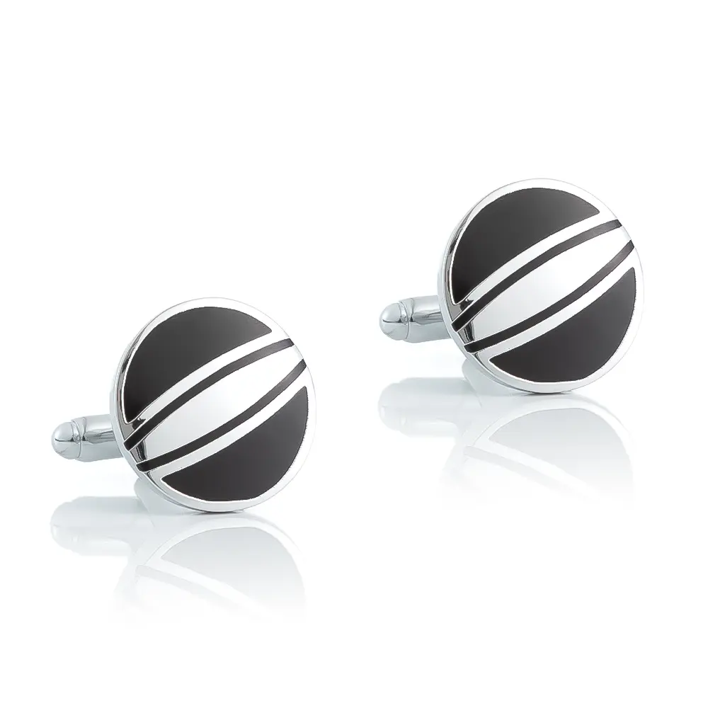 OEM Factory Sales Silver Plated Black Striped Round Enamel Cufflinks Gentleman Accessories CC-Q125