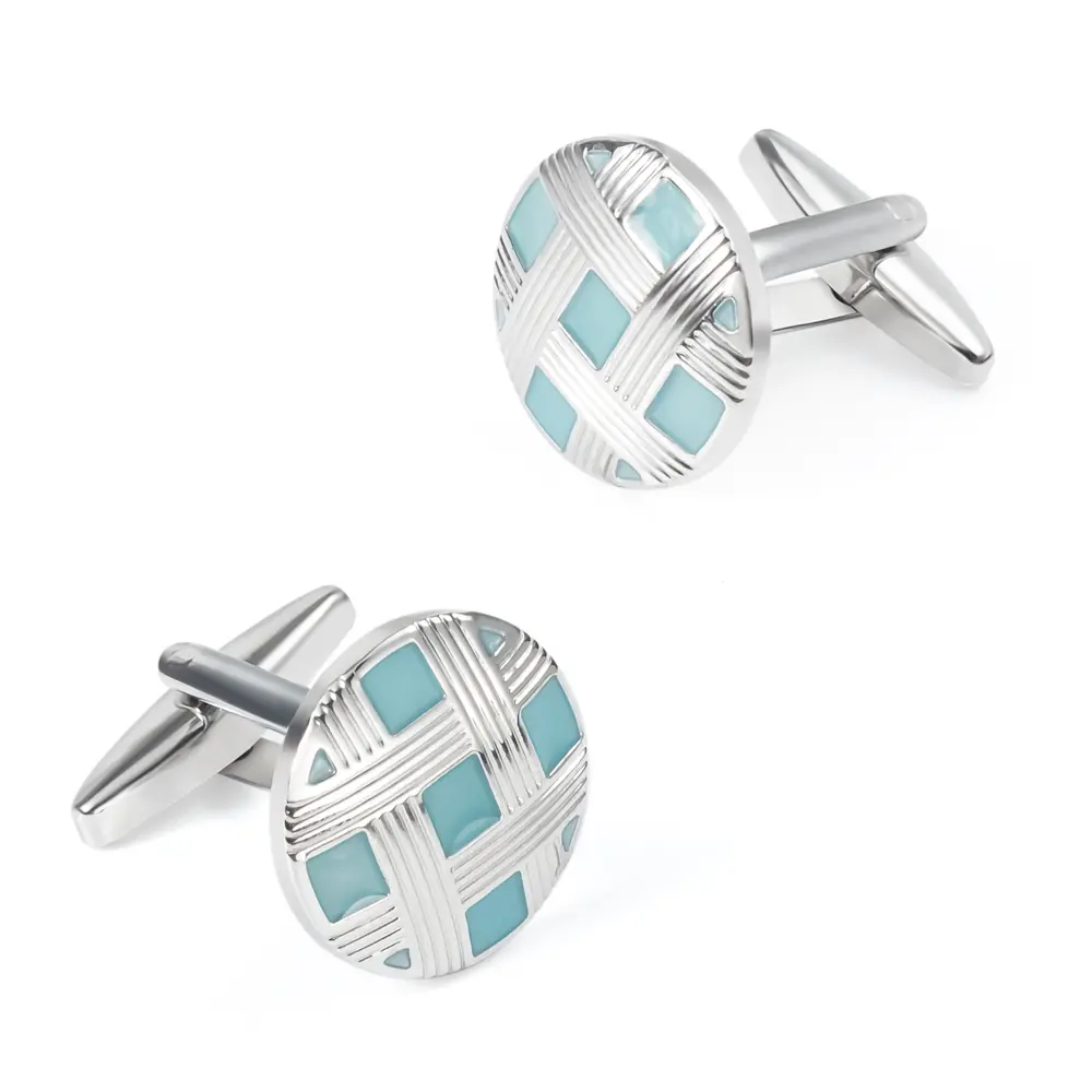 OEM Factory Round Silver & Blue Enamel Lattice Cufflinks Supply OEM Custom Design CC0261 Suppliers, Exporter