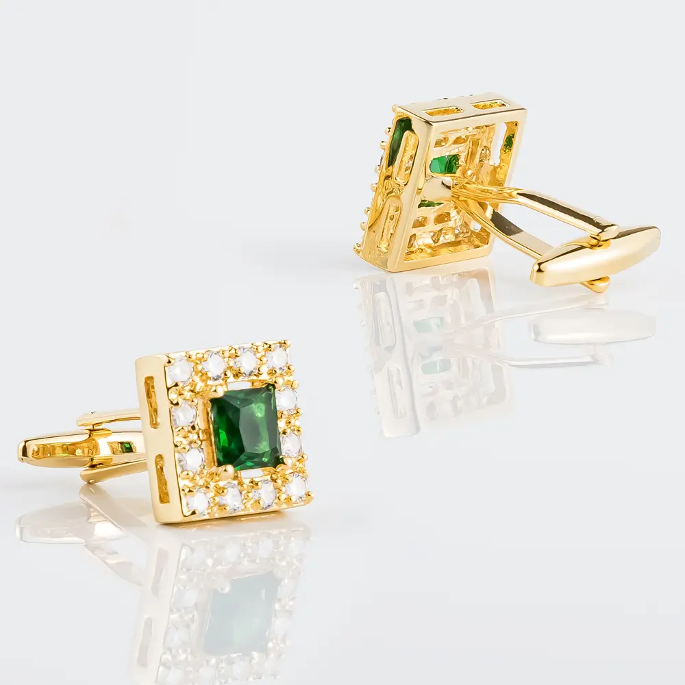 OEM New High Quality Luxury Gold Plated Square Emerald & Diamond Cufflinks For Men Suits CS8372-G3 Factory, Company