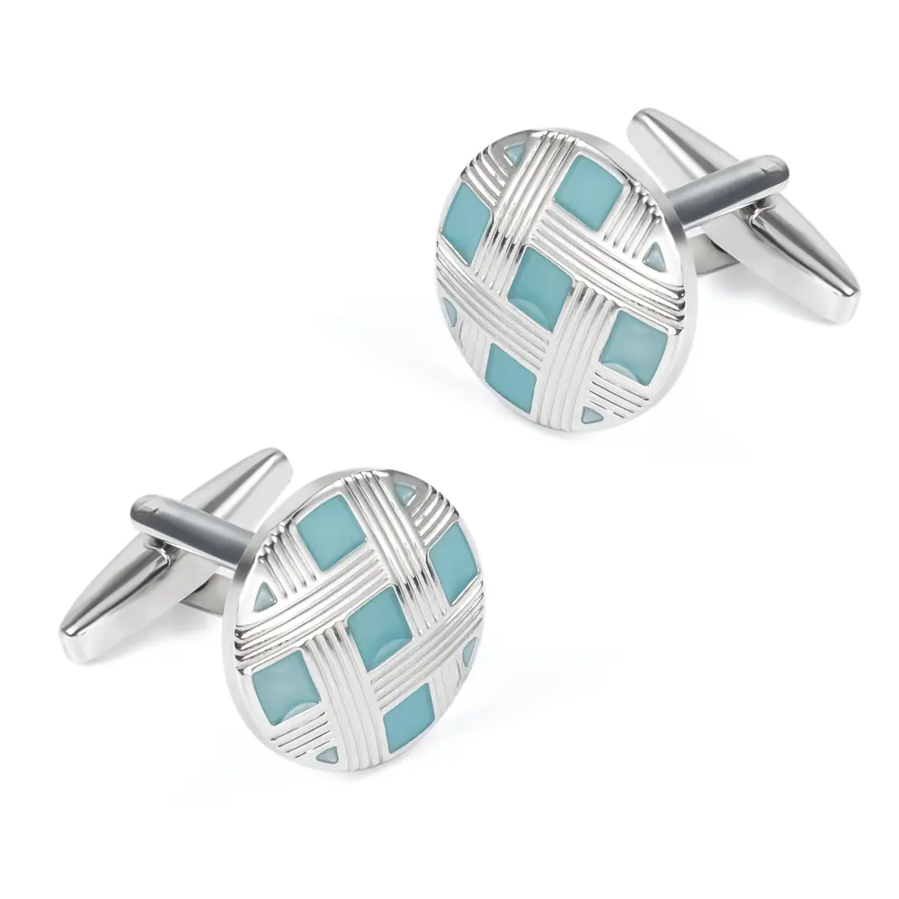 OEM Factory Round Silver & Blue Enamel Lattice Cufflinks Supply OEM Custom Design CC0261 Suppliers, Exporter