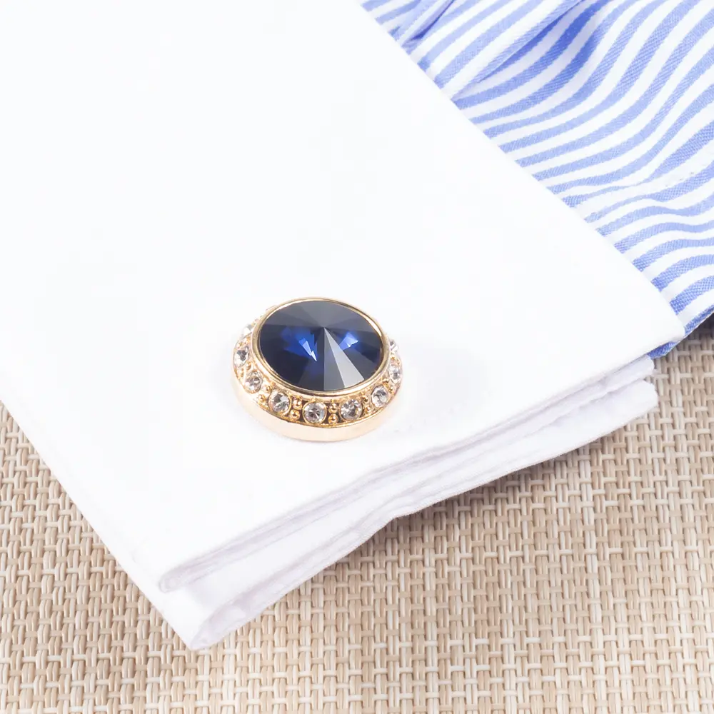 Custom Fashion Round Shaped Blue Golden Custom Stone Gold Plated Cufflinks For Men Shirt CS0077-GL Factories, Exporter