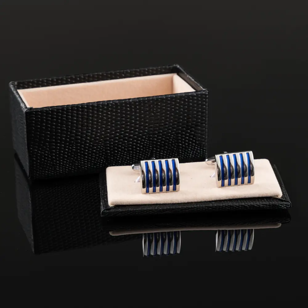 ODM Factory In Stock Classic Blue Stripe Silver Cufflinks Mens Business Wholesale CC0305-S2 Suppliers, Factory