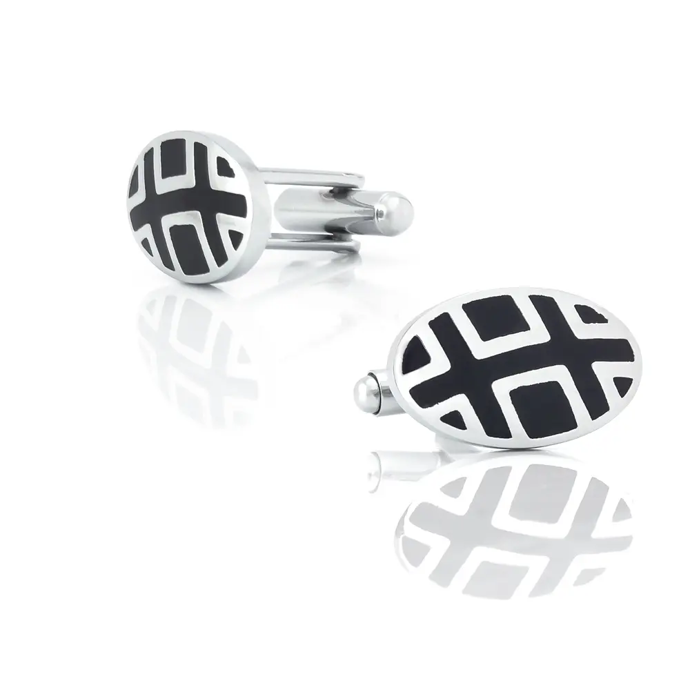 Wholesale Hot Sale Men's French Business Shirt Cufflinks Silver & Balck Enamel Oval Shape Cufflink CC-Q166 Factories, Exporter