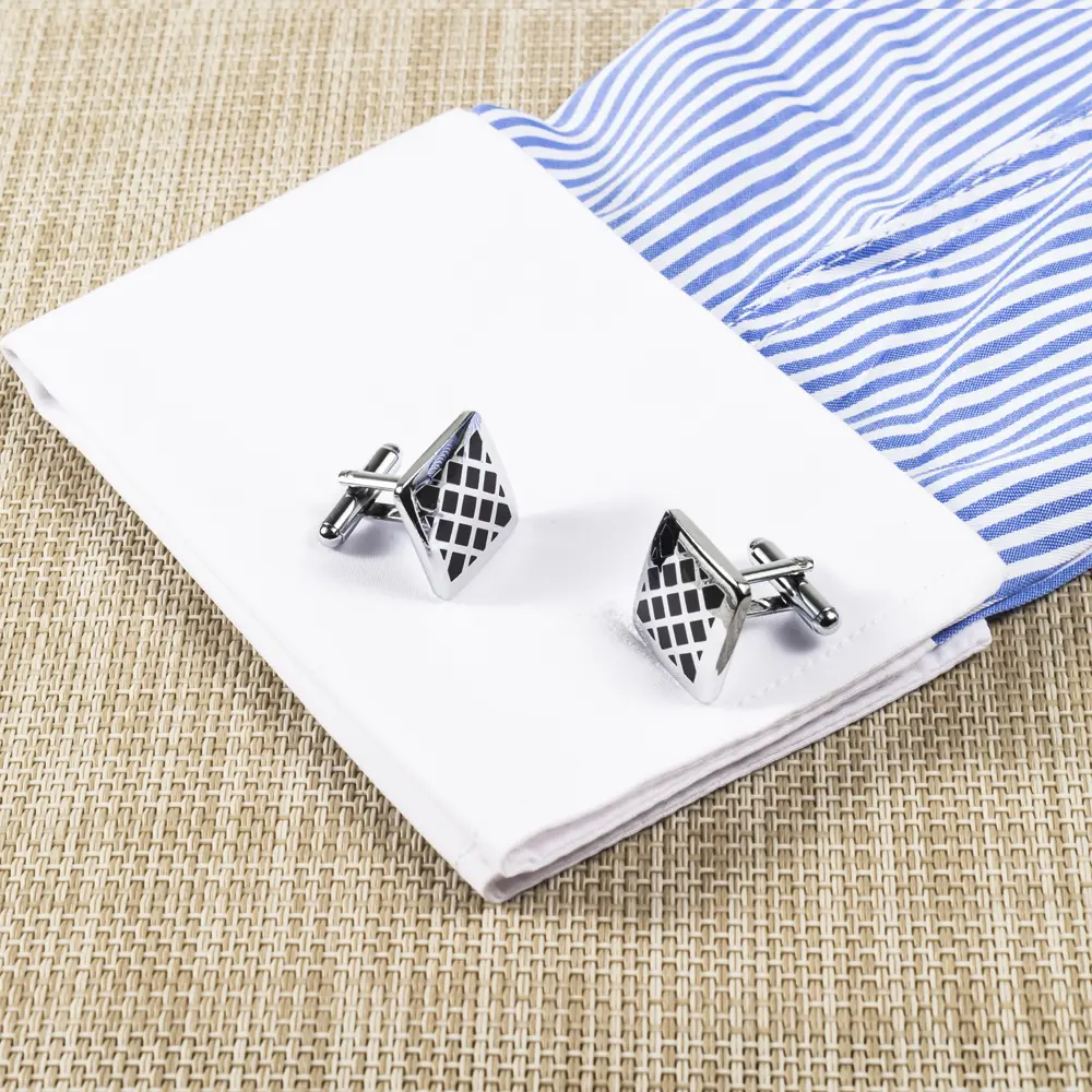 OEM JINJIE Cheap Men Silver Plated Gridding Black Enamel Cuff links Bussiness Wholesale CC-Q023-1 Factory, Exporters