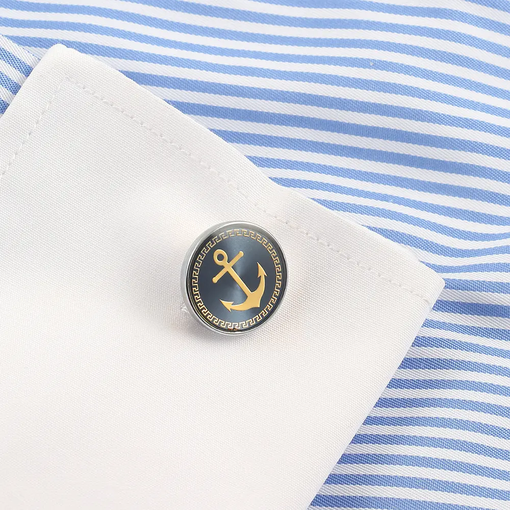 ODM French Silver Blue Round Enamel Boat Anchor Mens Cufflinks Wholesale Manufacturers, Companies