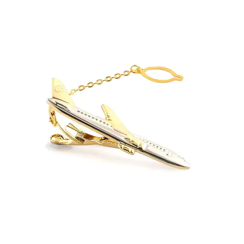 Wholesale Brass Material Novelty Golden Color Airplane Tie Clip with Chain for Men Manufacturer, Company