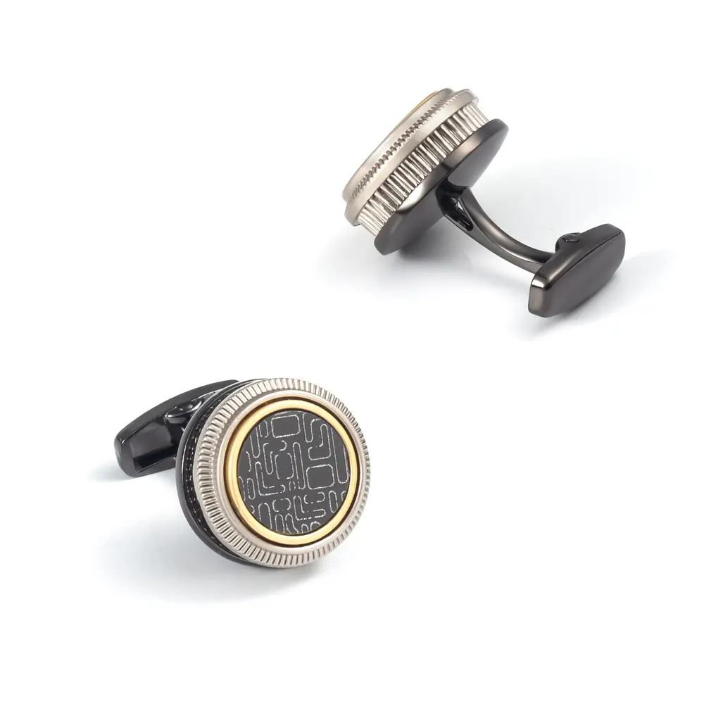 OEM Men's Premium Round Black Gold Color Cufflinks with Vintage Pattern Design Exporters, Companies