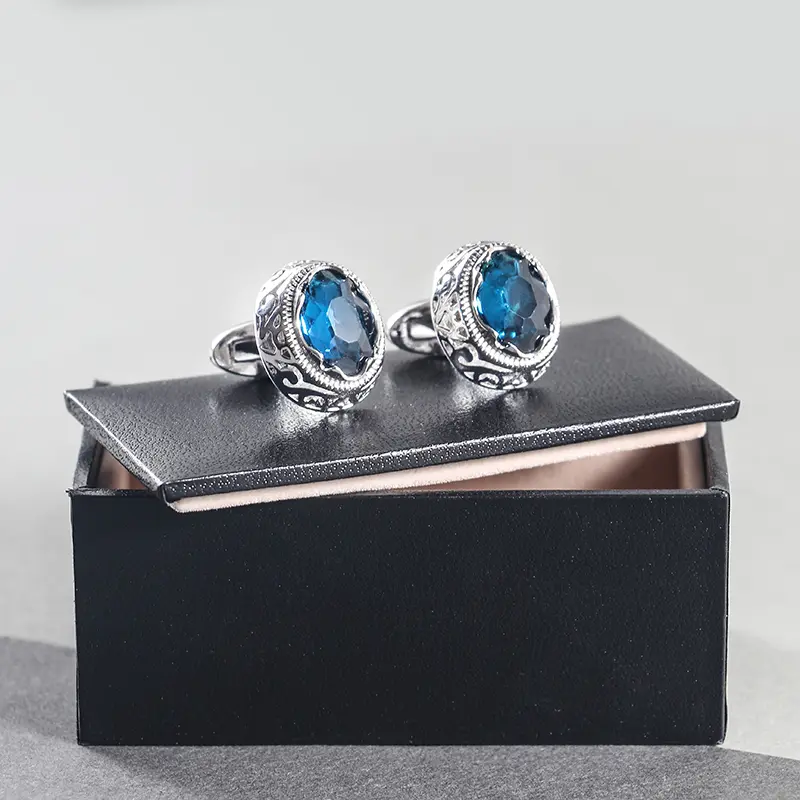 ODM Cufflinks for Men High Quality Fashion Blue Zircon Stone Copper Buttons Formal Shirt Cuff Links Wedding CSW004-Blue Manufacturer, Factories