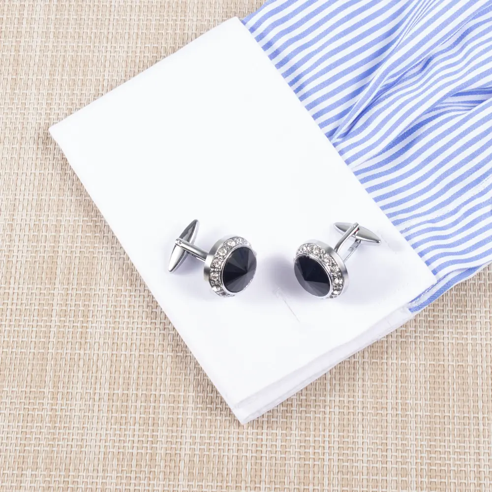 Wholesale Fashion Round Black Custom Stone Silver Plated Cufflinks For Men Shirt CS0077-SB Factory, Exporter
