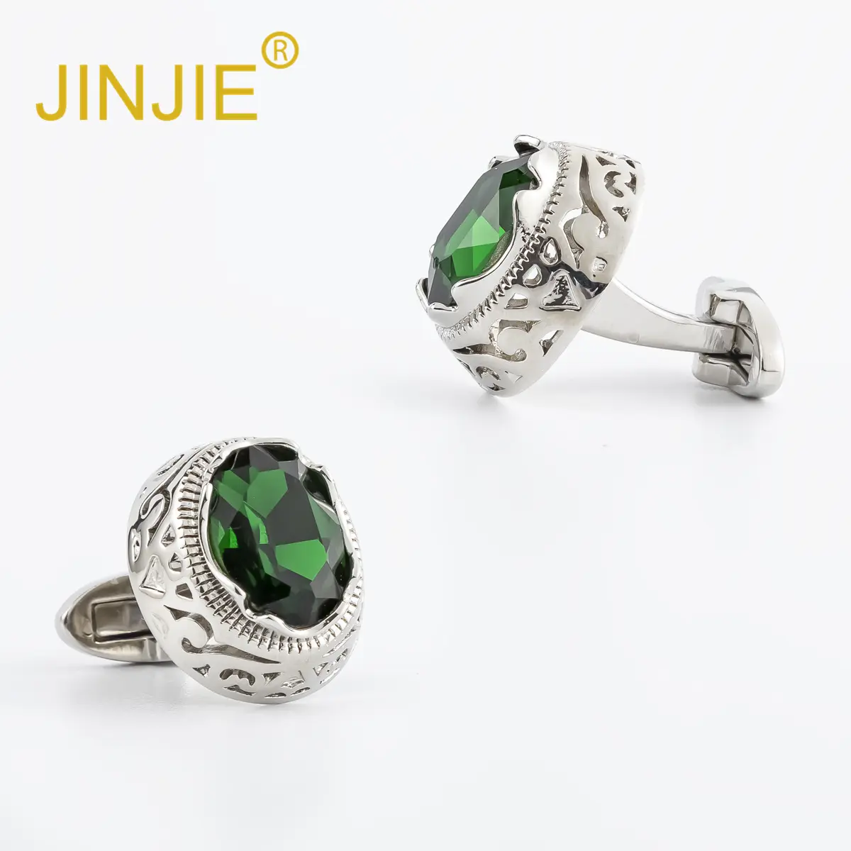 OEM French Luxury High-grade Hollow Metal Green Zircon Diamond Men's Suit Cufflinks Accessories CSW0040-Green Factories, Exporter