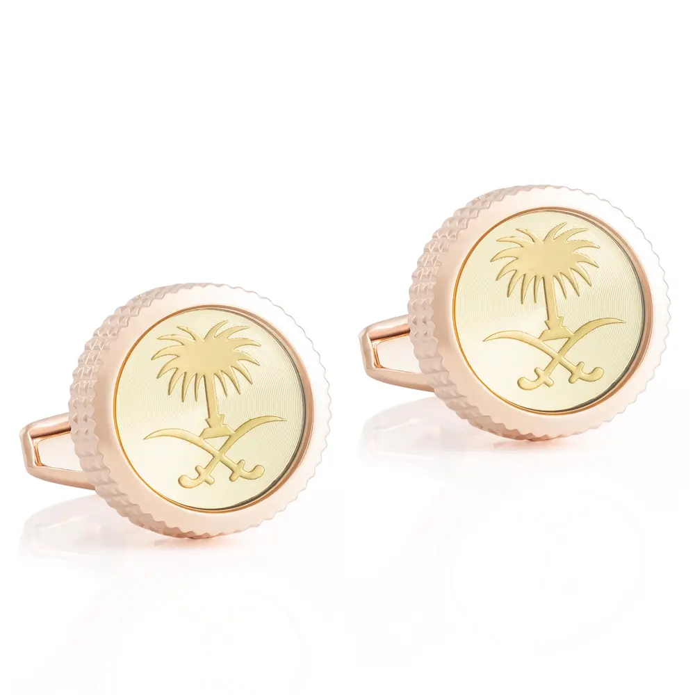 OEM JINJIE Wholesale Saudi Arabia Emblem Palm Coconut Tree Round Rose Golden Plated Metal Cuff Links CLW6002 Manufacturers, Company