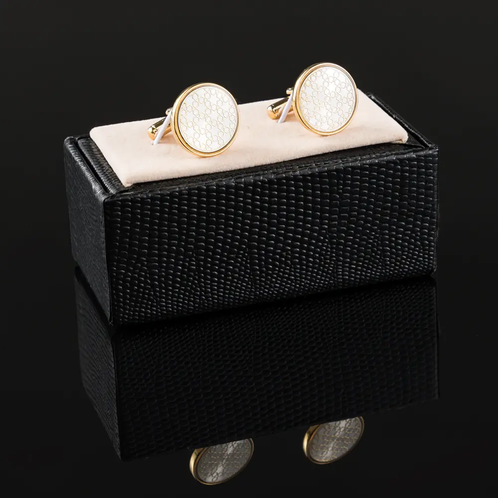 Custom High End Golden Plated White Pattern Round Copper Cufflinks Men's Accssories CA9002 Manufacturers, Exporters