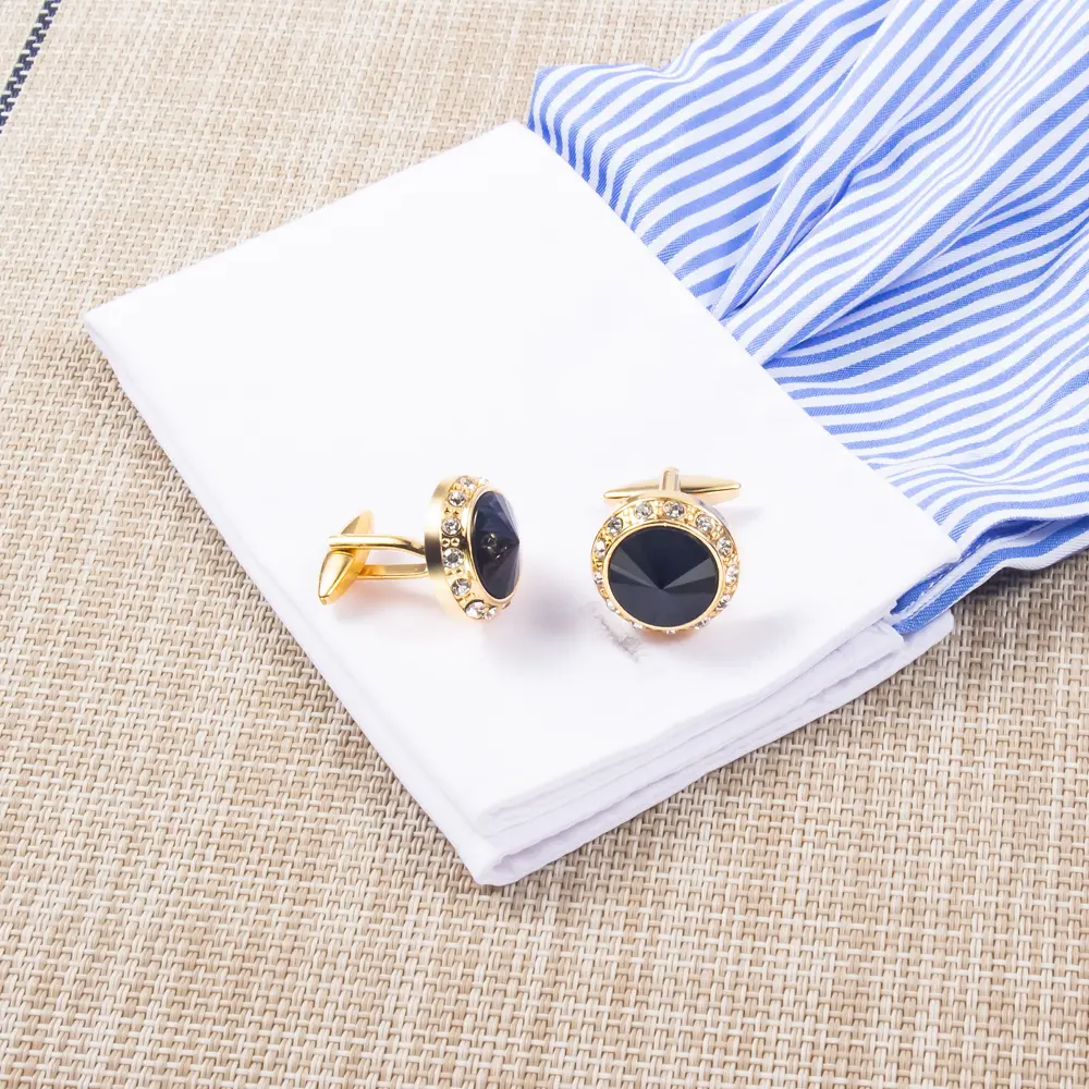 Custom Fashion Round Shaped Black Golden Custom Stone Gold Plated Cufflinks For Men Shirt CS0077-GB Factories, Company