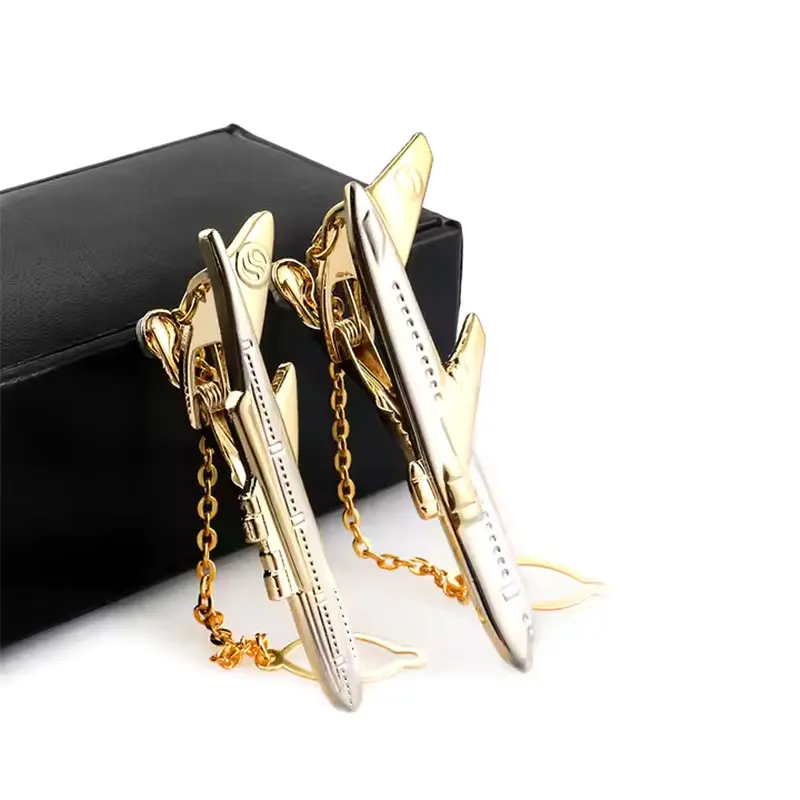Wholesale Brass Material Novelty Golden Color Airplane Tie Clip with Chain for Men Manufacturer, Company