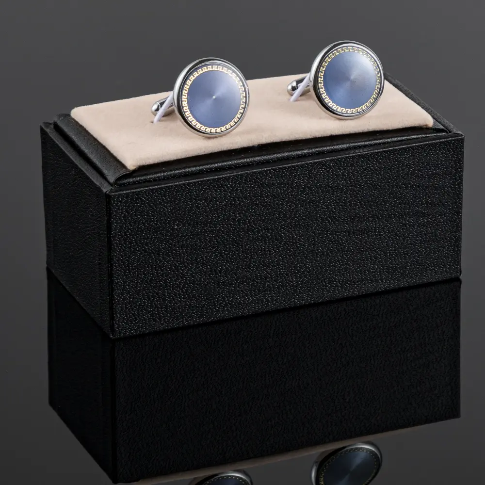 Wholesale New Luxury Silver Plated Blue Pattern Round Brass Metal Men Cufflinks Exporters, Company
