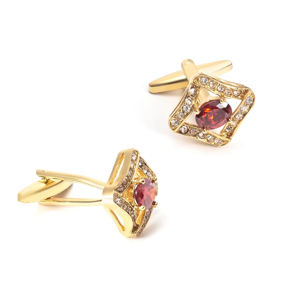 Custom Luxury High Quality 18K Gold Plated Red Stone Zircon Brass Cuff links For Men CS0058-G Suppliers, Company