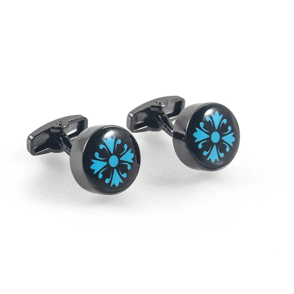 ODM Black & Blue Flower Pattern Cufflinks Men Business Suit Cuffs Accessories Exporter, Company